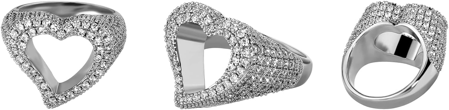 JINAO Hollow Heart Ring 14K Gold Plated Iced Out Lab Simulated Diamond Cubic Zirconia Eternity Wedding Band Ring for Men Women