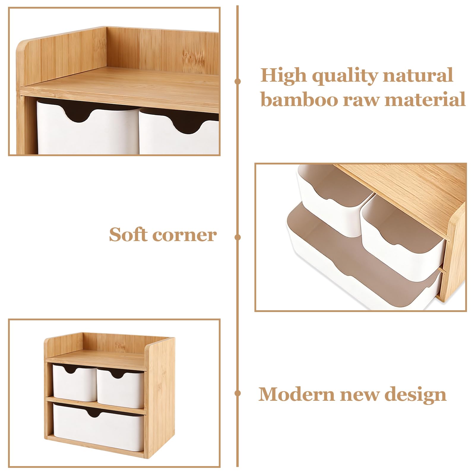 Caja de almacenamiento de madera para escritorio, caja con 3 cajones, compacta con borde de protección, 14 x 20 x 19 cm, para oficina, hogar y escuela