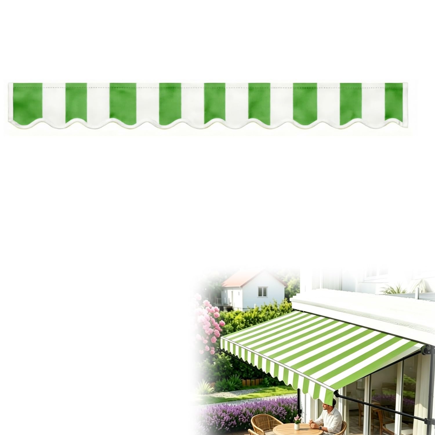 Sunshade Awning Valance Replacement Fabric for Retractable Awnings, Waterproof Polyester Replacement Patio Awning Wavy Canopy Valance, UV-Resistant for Window Shop Yard(Green White,370cm)