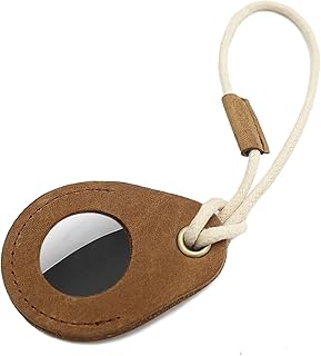 Leather Case for AirTag, Ultra Light Leather Holder Sleeve for AirTag with Lanyard, Genuine Leather AirTag Holder for Apple AirTag, Finder Items for Protective Cover AirTag Accessories (Khaki)