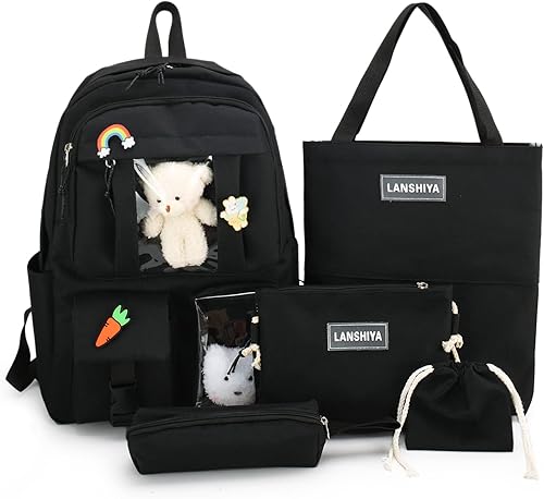 Juego de 5 mochilas kawaii para niñas con bonitos accesorios de oso, suministros escolares, bolsas para bolígrafos, bolsa de hombro, 02-Negro, talla