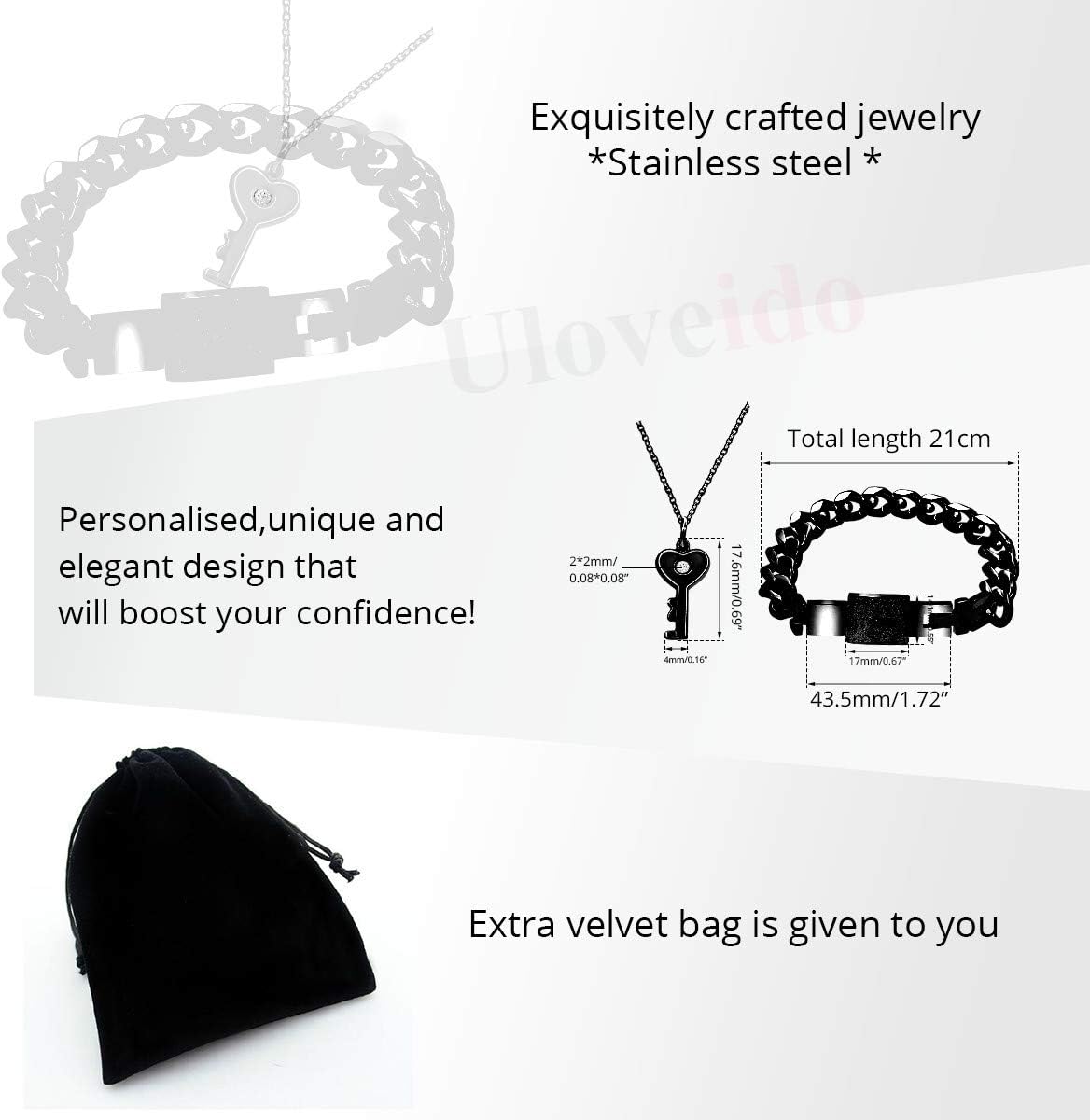 Uloveido Titanium Steel Key Pendant Necklace and Square Lock Bangle Bracelet Set for Couples Valetines Gifts