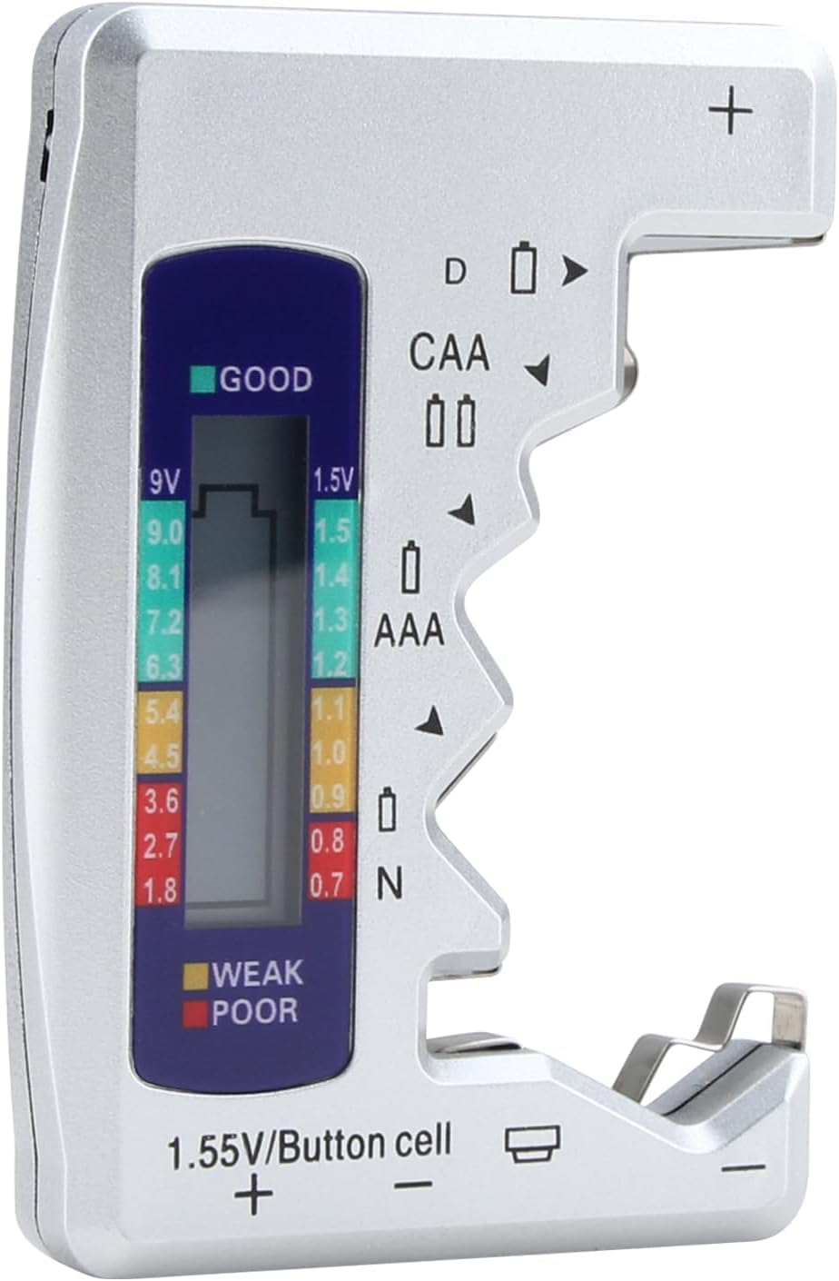 Universal Battery Tester Checker with LCD Display, Easy Safety Household, Digital Battery Tester Battery Checker for C AA AAA D N 9V 1.5V Button Cell Small Mini Batteries - Silver