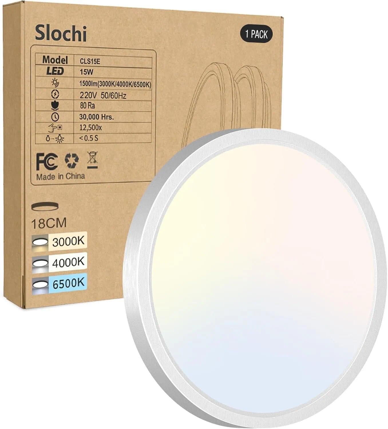 slochi Bathroom Light, 3000K/4000K/6500K 3 Color Temperature, Waterproof IP54, Round, Modern, Flush Ceiling Light for Bathroom, Kitchen, Bedroom, HallwayØ18CM(Brushed Nickel)