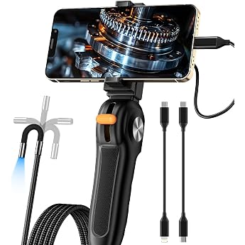 Two-Way Articulated Borescope with 8 LED Lights Industrial Endoscope with 8.5 mm HD Waterproof Camera Compatible with iOS and Android Devices. 1 m Rigid Tube for Engine Bay Inspection.
