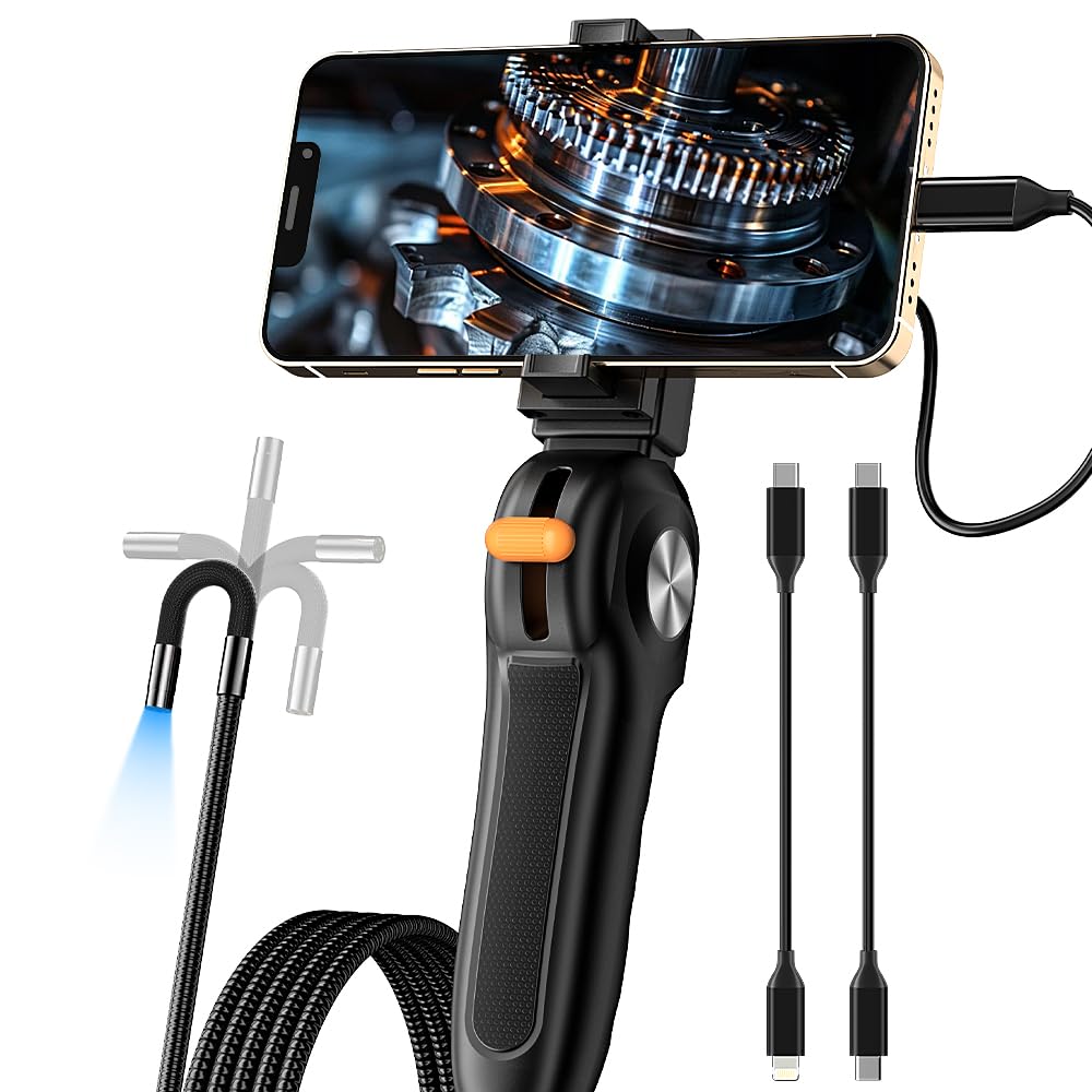 Two-Way Articulating Borescope with Light for iPhone and Andriod Users, Inspection Camera Industrial Endoscope with 8.5mm Articulated Probe Waterproof Lens, 3.3ft Semi-Rigid Gooseneck Tube