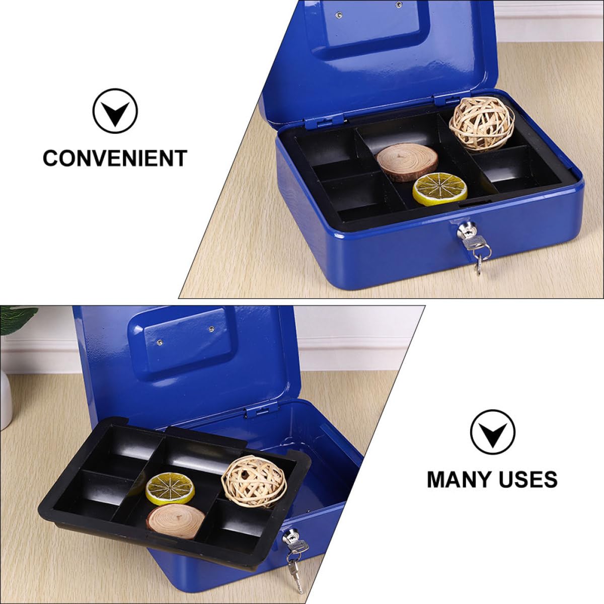 Boîte à Monnaie en Métal Bleue avec Serrure à Clé, Double Couche | Plateau Intérieur à Six Compartiments, pour Pièces, Bagues et Clés, Format Portable