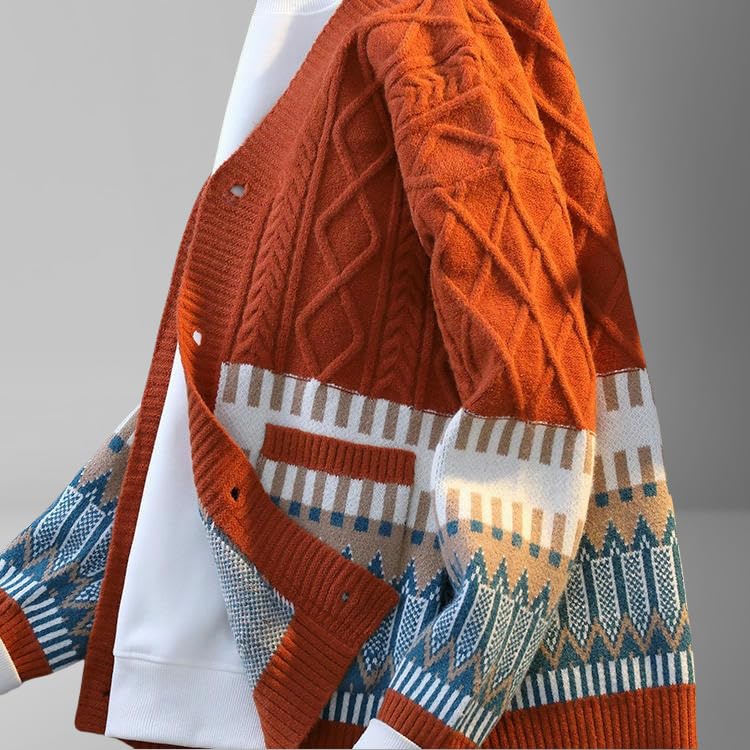 Autumn Winter V-Neck Simple Jacquard Versatile Loose Color Block Warm Knit Cardigan4