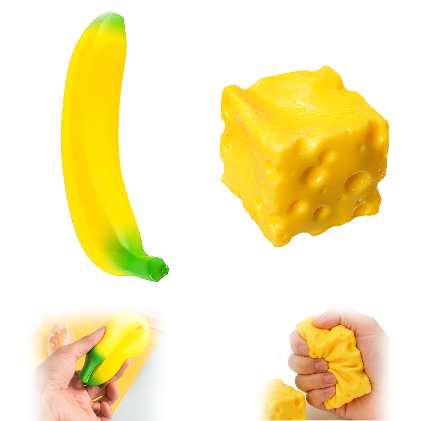 2Pcs Big Cheese Squishy，One Cheese and One Banana Squishy, for Office and Classroom, Compact Size for Storage and Travel