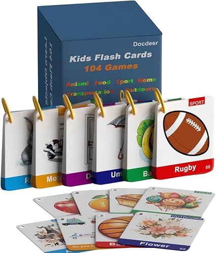 104 tarjetas flash para niños y niños pequeños – 208 lados – Aprender objetos y jugar juegos Flashcards – Alimentos animales niños pequeños juguetes