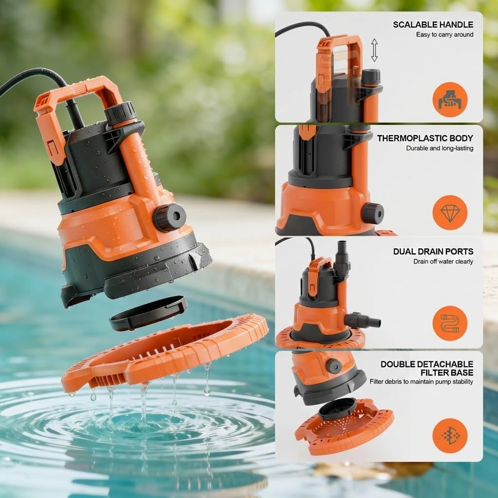 Upgraded Pool Cover Pump - Dual Water Outlets, 1HP Submersible Water Sump Pump with Filter Net, 3500GPH Electric Portable Transfer Water Pump For Pool, Hot Tubs, Basement Floods, Orange