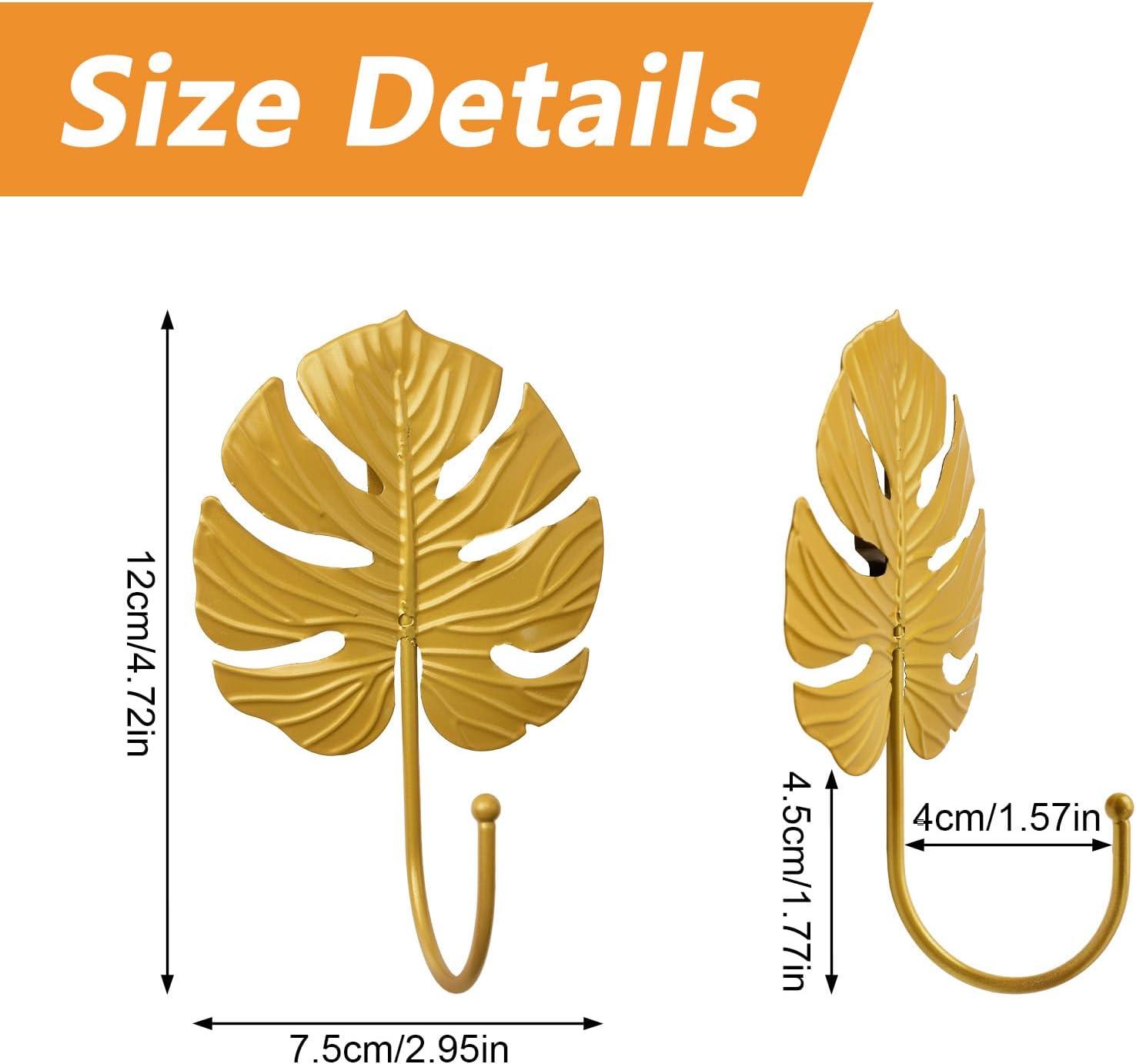 MOROBOR Decorative Iron Hooks, 4pcs Monstera Deliciosa Leaf Shape Wall Mounted Hooks Modern Key Holder Wall Mounted Gold Single Prong Hat Hanger Home Office Nursery Room Decoration image 2
