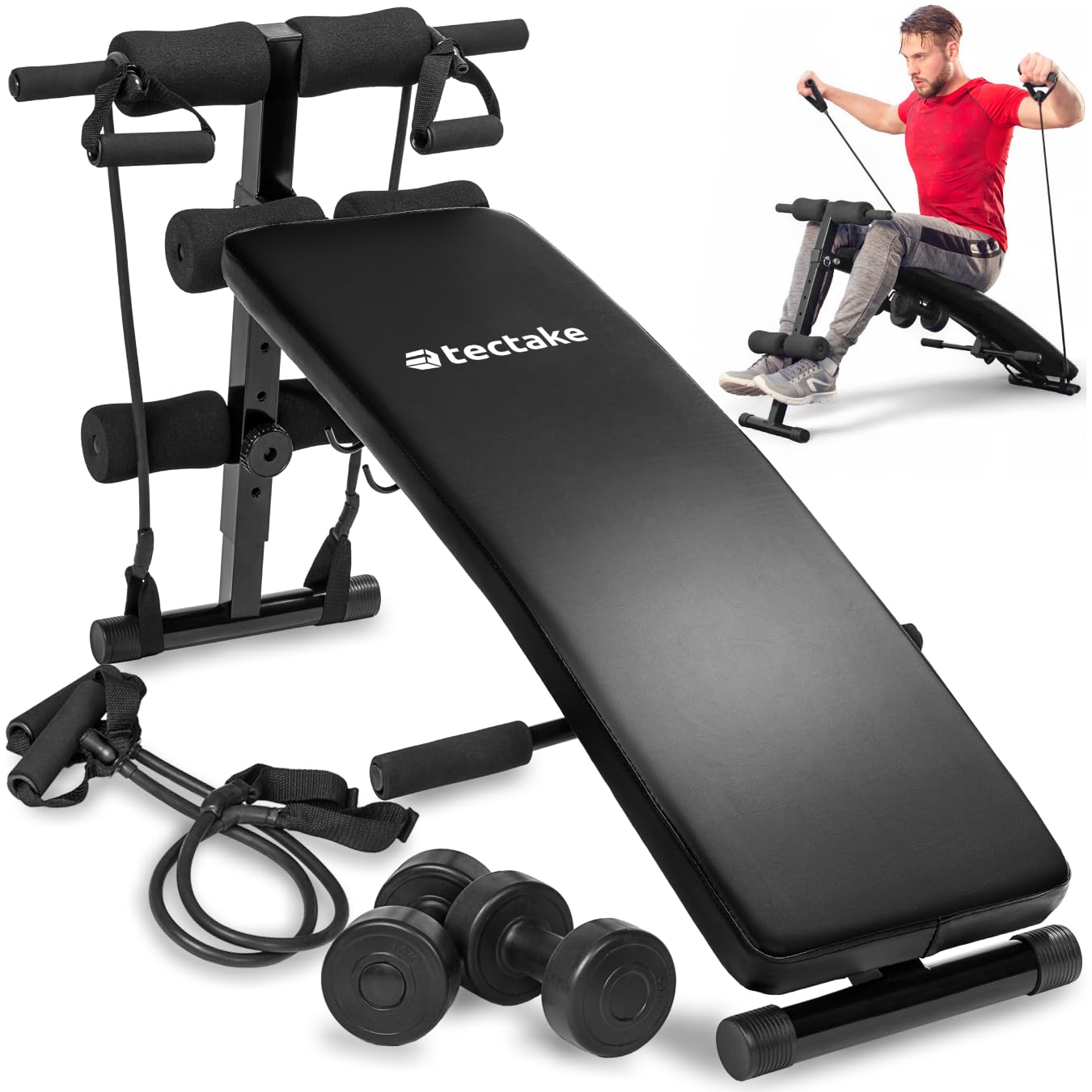 tectake® Bauchtrainer, multifunktionale Sit-Up Bank, Fitnessgeräte für zuhause, höhenverstellbar, Hantelbank klappbar, inkl. Hanteln und Trainingsseilen, Fitness Geräte für Home Gym Equipment