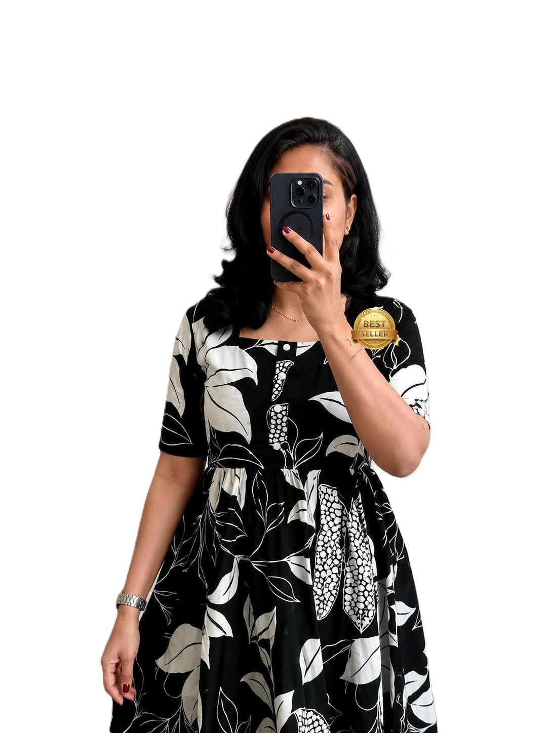 Women's Rayon A-Line Midi Dress, Red and White Floral Print, Short Sleeves, Tiered Design, Round Neck, for Summer Wear-picture-24