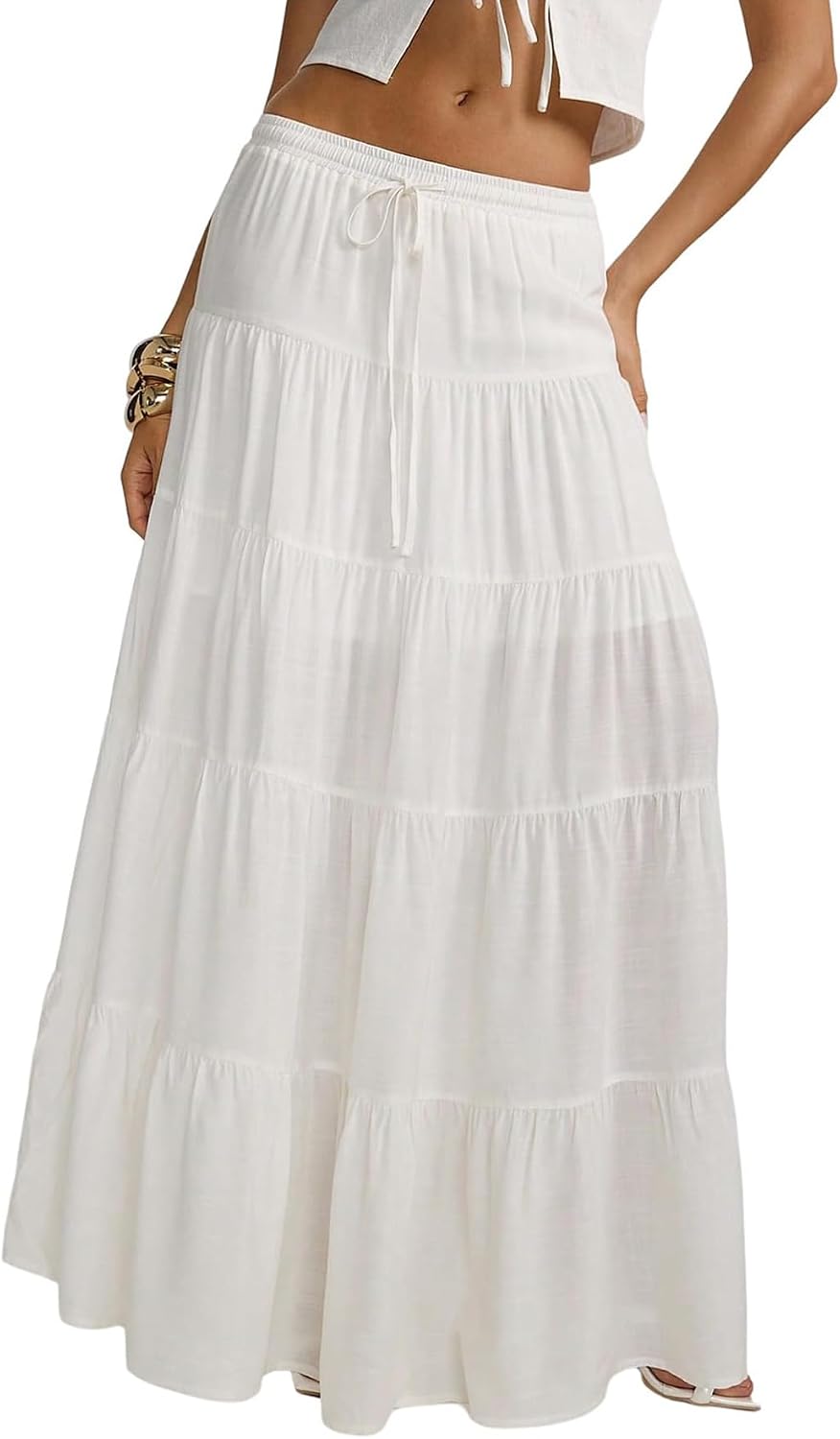 RadiantRhapsody Women's Boho Maxi Skirt Ruffle Flowy Low Rise A Line Beach Vacation Long Skirts for Summer