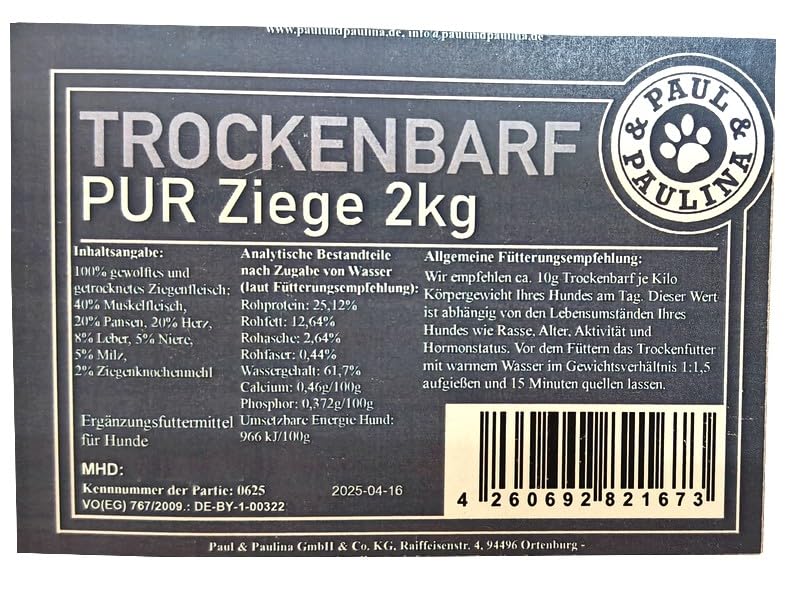 Paul & Paulina Trockenbarf Almgenuss pur Ziege 2kg I Ergänzungsfuttermittel für Hunde I 100% gewolfte und getrocknete Ziege: 40% Muskelfleisch, 20% Pansen, 20% Herz, 8% Leber, 5% Niere