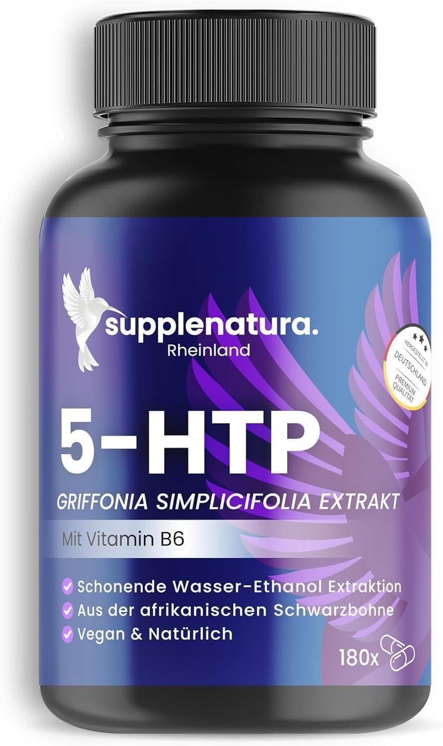 5 HTP (Serotonin) 180 Kapseln á 500mg | 100% PFLANZLICHES Griffonia | 6 Monatsvorrat | Laborgeprüft & in DE Produziert | 5HTP von SUPPLENATURA®