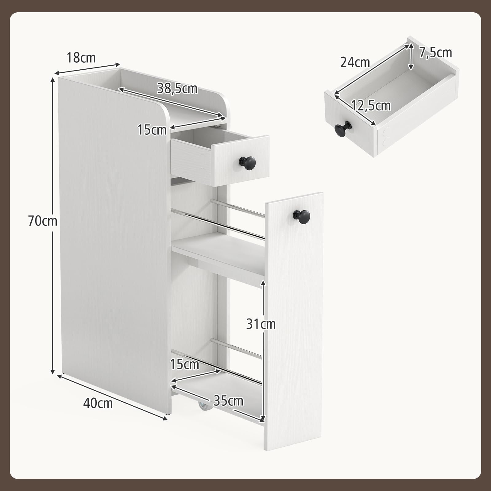 COSTWAY Nischenschrank mit Rollen, Badezimmerschrank mit offener Ablage & 2 Schubladen, Rollwagen, Nischenwagen schmal für Badezimmer, Küche & Wäscherei, 18 x 40 x 70 cm (Weiß)