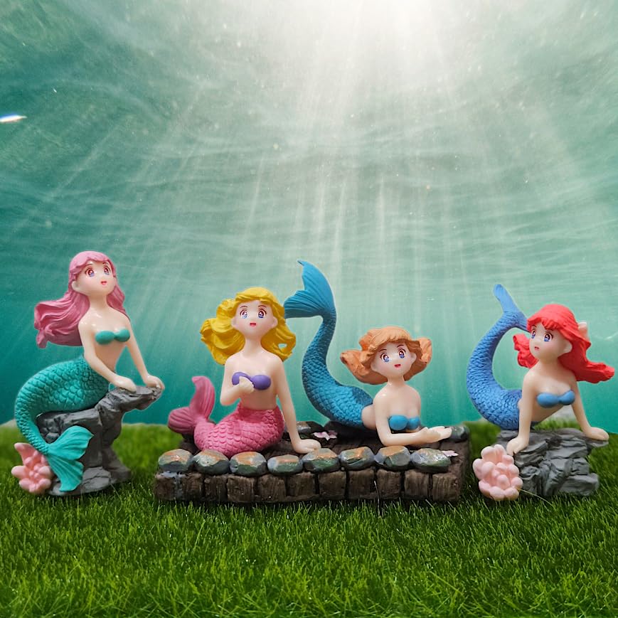 Miniature Mermaid Set of 4, Cute Resin Figurines for Mini Garden Decor, DIY Crafts, Aquarium & Gift Set (Mermaid)
