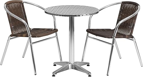 Miniatura 9 de 23.5" redondo para interiores y exteriores juego de mesa de restaurante de aluminio con 2, color beige sillas de ratán