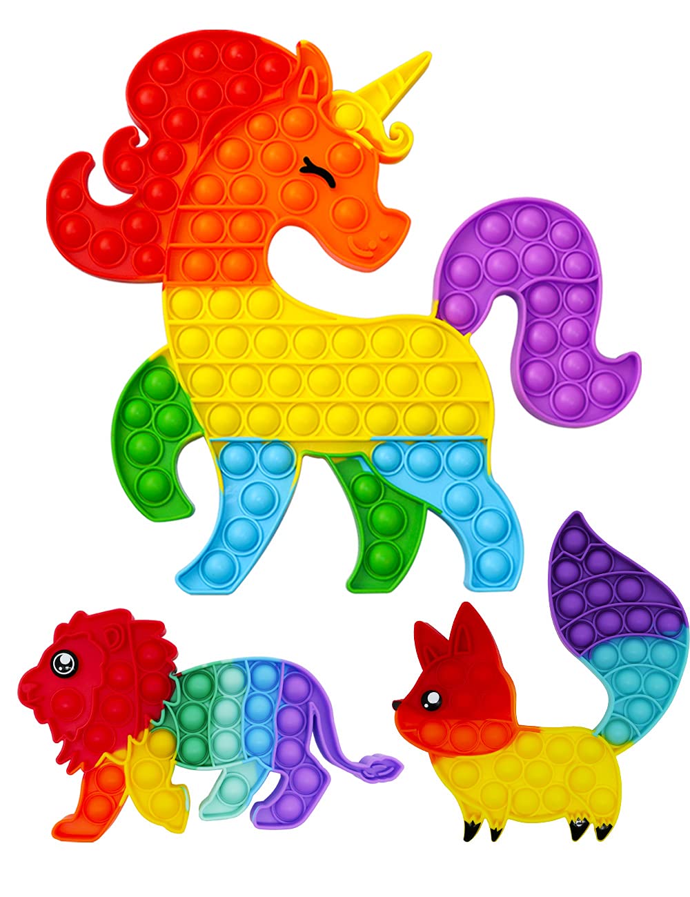 3 Pack Big Size Push Pop Animal Fidget Toy Push Bubble Its Sensory Pop Fidget Toy Rainbow Unicorn Push Bubble Game Toy Rainbow Fox Lion Animal Sensory Toy to Relieve Anxiety It for Autism ADHD ADD
