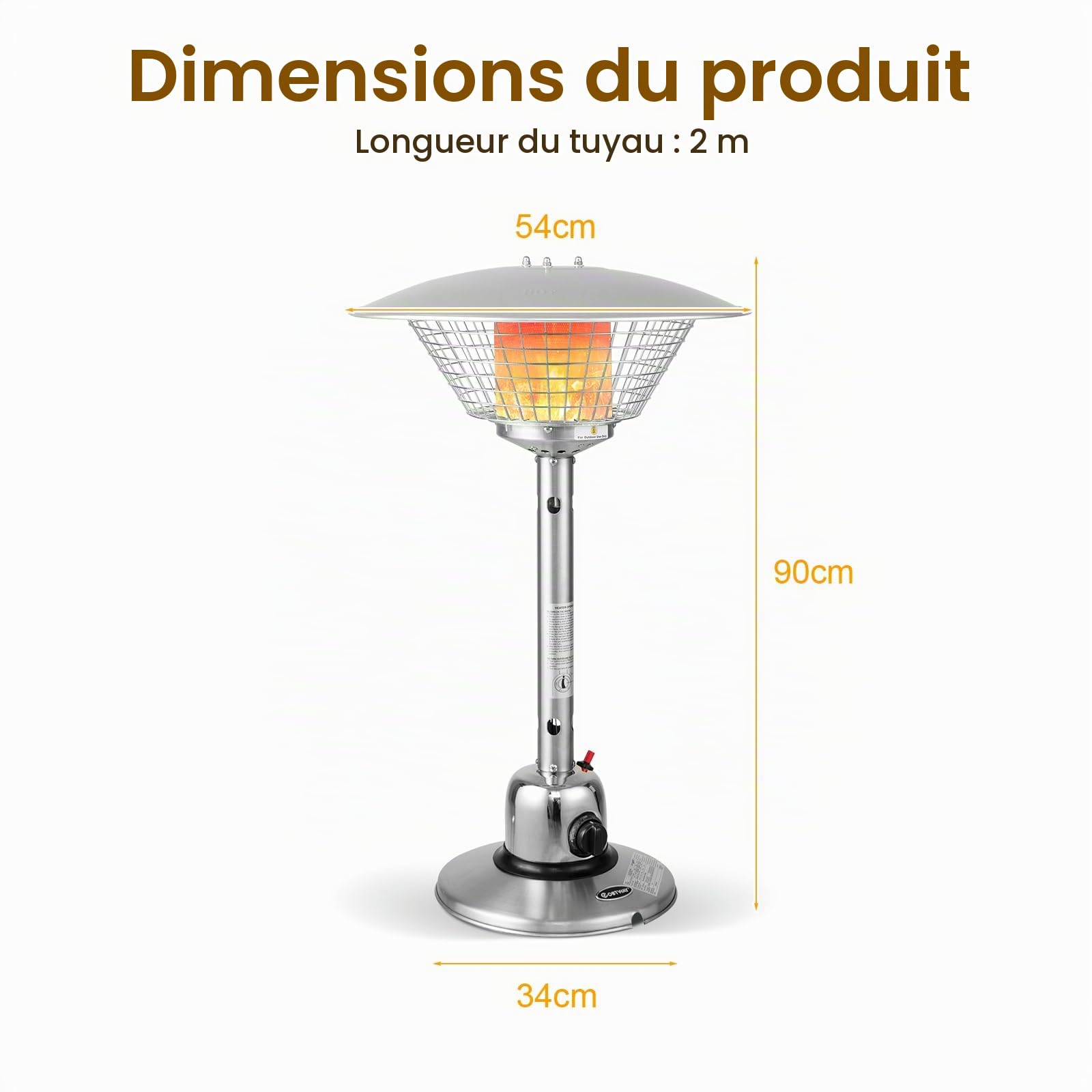 SOARS Parasol Chauffant Gaz 4000W, Chauffage d’Extérieur Portable sur Table, avec Rayon Thermique de 1,37 M, Tempétature Réglable, Tuyau de Gaz 2M, pour Terrasse, Jardin, Cour (Argenté)
