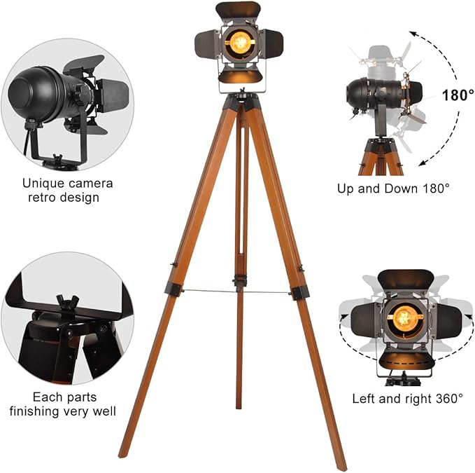INJAK Industrial Floor Lamp for Living Room Tripod Wood Standing Tall Lighting Black Adjustable Cinema Metal Lampshade Studio Lights E26 Farmhouse Retro Floor Lamps for Bedroom Office Reading photo 3