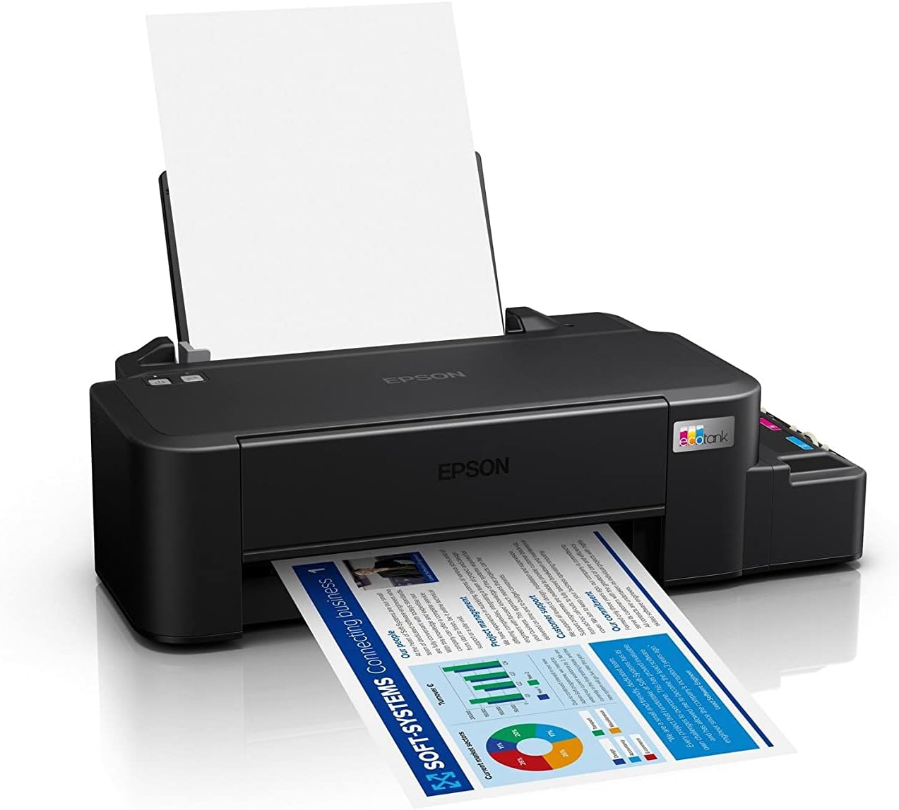 Epson EcoTank L121 printer with paper loaded and printing a document