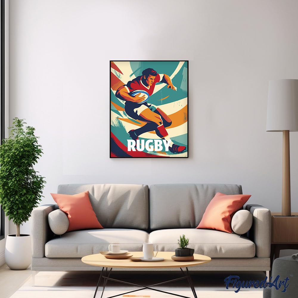 Figured'Art Dipingere con i Numeri con Telaio - Paint by Numbers Poster Sportivo Rugby, Passatempo per Adulti, Kit Completo, Hobby Creativi - Quadri fai da te 40x50cm Tela Già Incorniciata