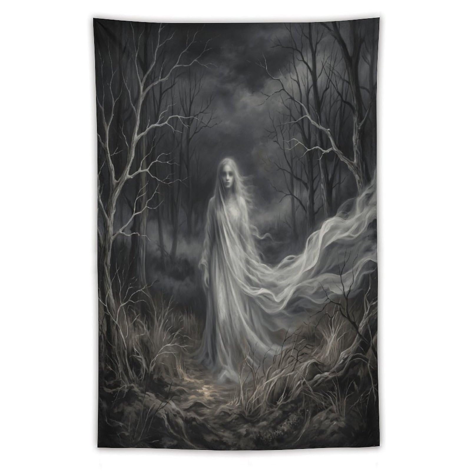 H3B8U2Y5 White Ghost Dead Woods Wall Tapestry, Dark Fantasy Illustration