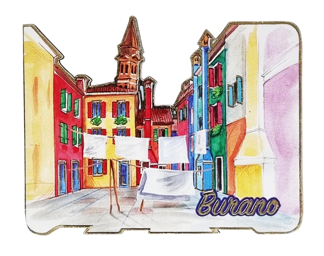 Burano Square Design Fridge Magnet with Cloths Shaped Wood with Gold Finish Collectible 6 x 8 cm, Medium