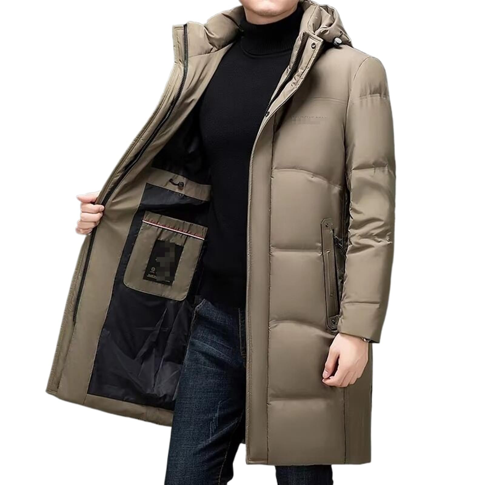 Mens Winter Down Jacket Long Knee-length Thickened Warm Parka Hooded Detachable Coat