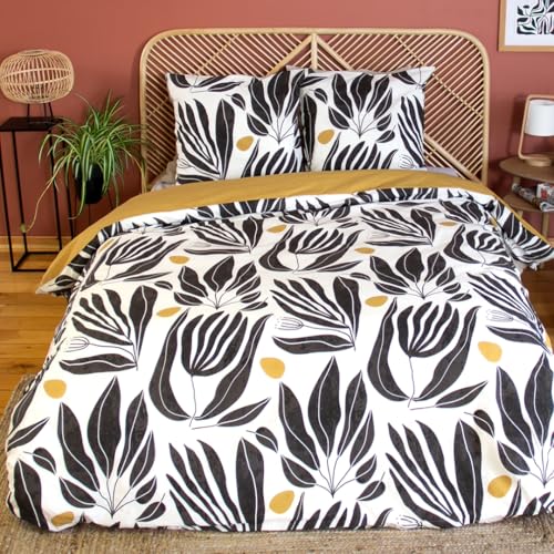 CÔTE DECO Parure de Lit Adulte 100% Coton - Housse de Couette 220x240 cm + 2 Taies d'oreiller 63x63 cm Motif Tropical Noir et Jaune Moutarde