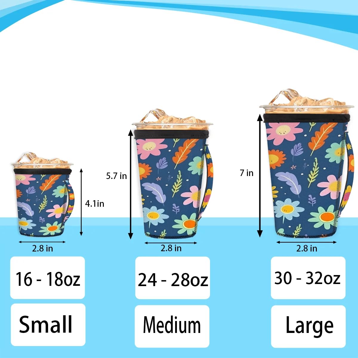 Flowers Leaves M Reusable Iced Insulator Coffee Sleeves Neoprene Insulated Sleeves With Handle Coffee Sleeves for Iced Coffee Cups Drinks