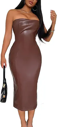 Women's Faux Leather Bodycon Dress - Strapless Midi for Evening, Cocktail, Wedding