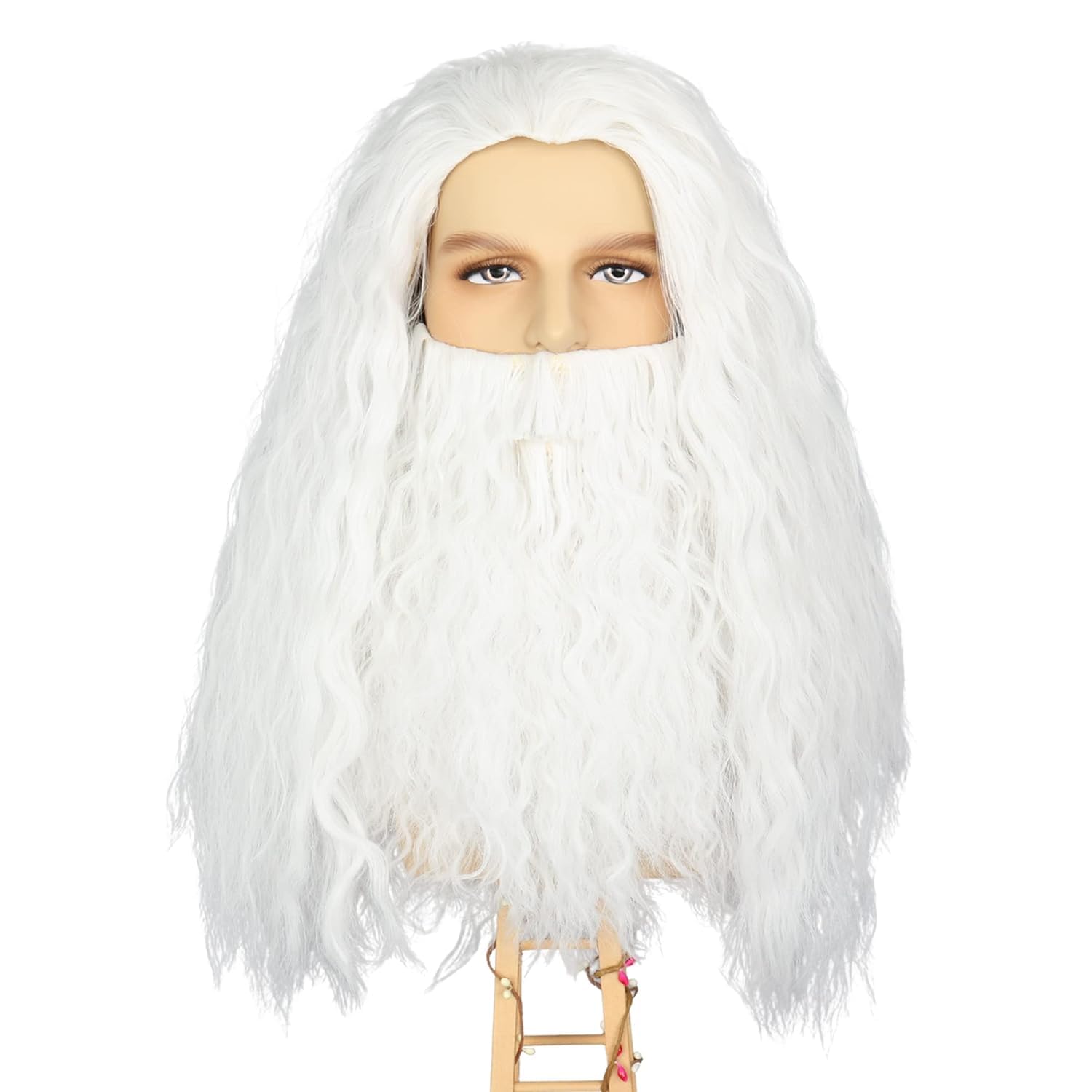 PORSMEER Long White Curly Wig and Beard Santa Beard Wig Set White King Costume Wigs for Men Halloween Christmas Party Sorcerer Prophet Costume Accessory