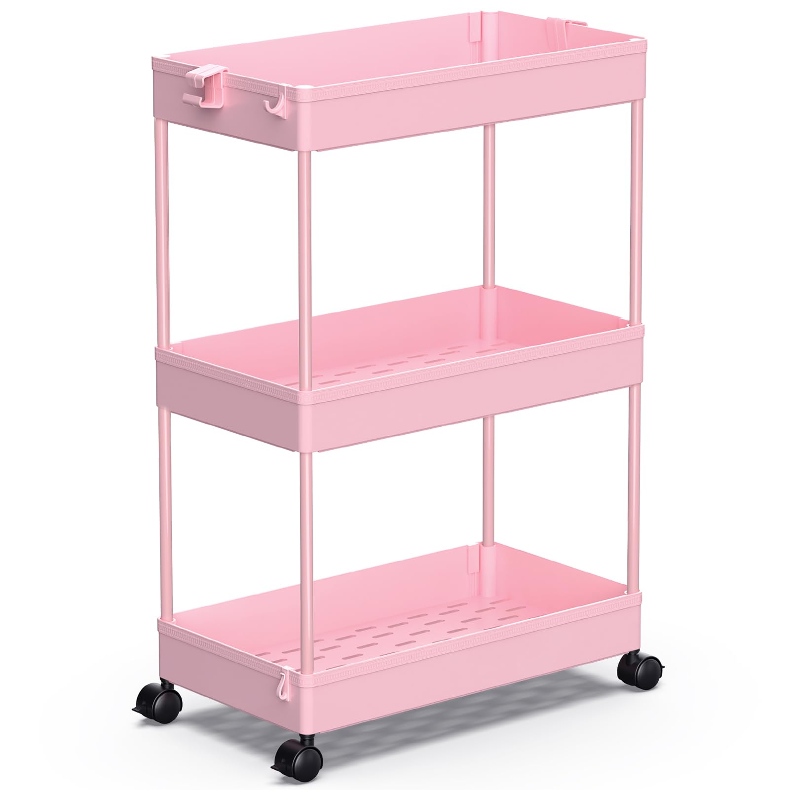 SPACEKEEPER Rolling Storage Cart 3 Tier, Bathroom Cart Organizer Laundry Room Organizer Utility Cart Mobile Shelving Unit Multi-Functional Shelves for Office, Kitchen, Bathroom, Pink