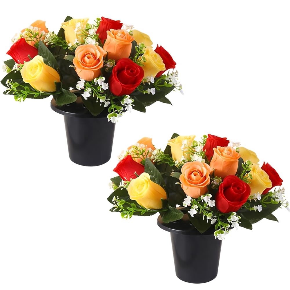 KUWUNG 2 Pcs Artificial Flowers for Graves Pots, Autumn Red Yellow Orange Roses Grave Flower Pots Silk Cemetery Ornaments Outdoor Decorations - Fake Funeral Memorial Arrangements for Graveside