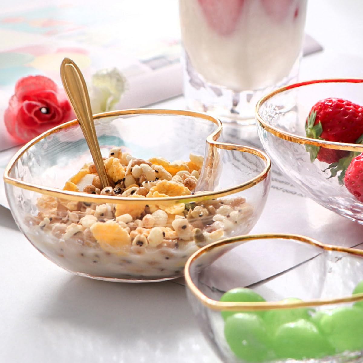 Ciotole in Vetro Superficie Liscia e Lucida Trasparente a Forma di Cuore Set 4 Pezzi per Insalata e Dessert per Uso Quotidiano e Ristoranti