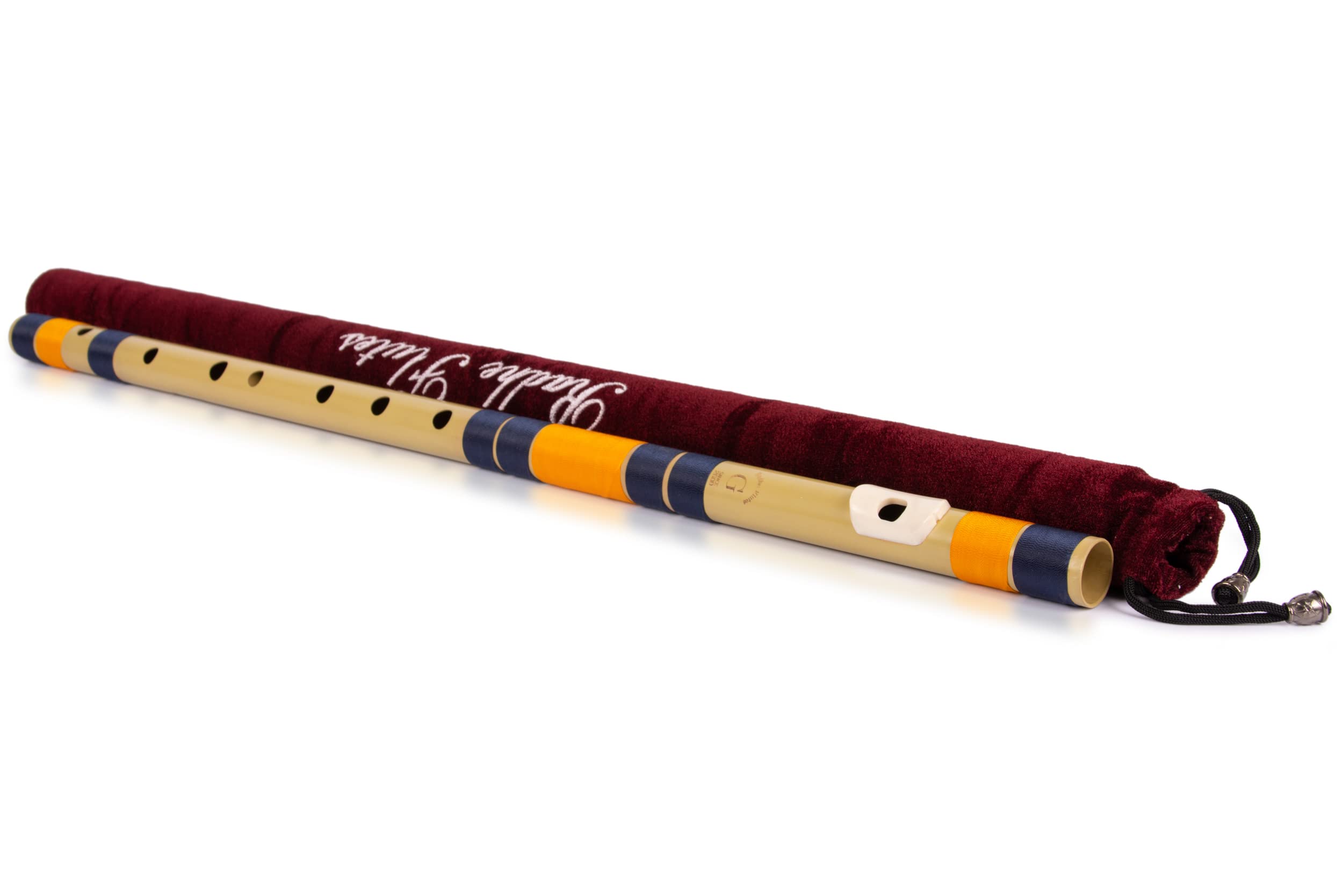 Radhe Flutes Bansuri G Natural Base pour droitier | Avec housse en velours | Tanpura A = 440 | Fibre PVC | Bleu foncé et orange
