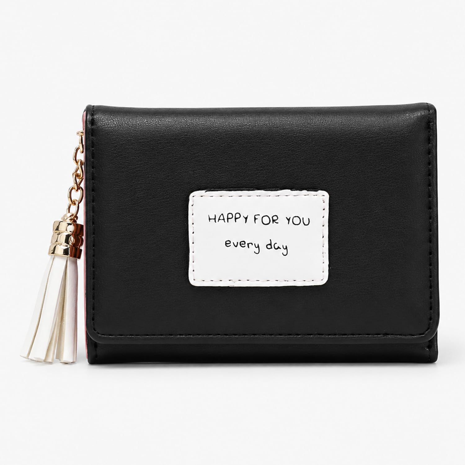 Women's Small Wallet Three-Fold Simple Folding Student Fresh Tassel Mini Card Slot Coin Purse(Black)-image-35