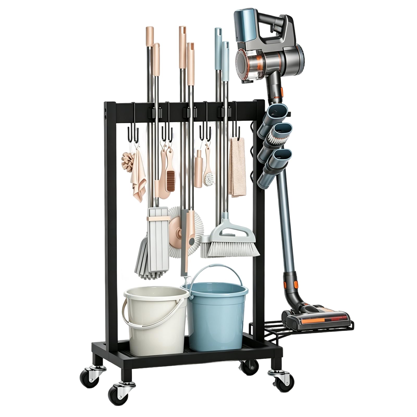 Organisateur d'outils de jardin à 3 niveaux et 6 porte-serpillères, étagère à outils de jardin avec 3 crochets mobiles et roulettes verrouillables, porte-outils pour garage, abri de jardin et terrasse