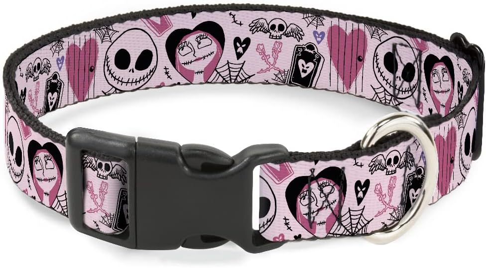 Disney Pet Collar, Dog Collar Plastic Buckle, The Nightmare Before Christmas Jack and Sally Doodles Pink, 20 to 31 Inches 1.5 Inch Wide