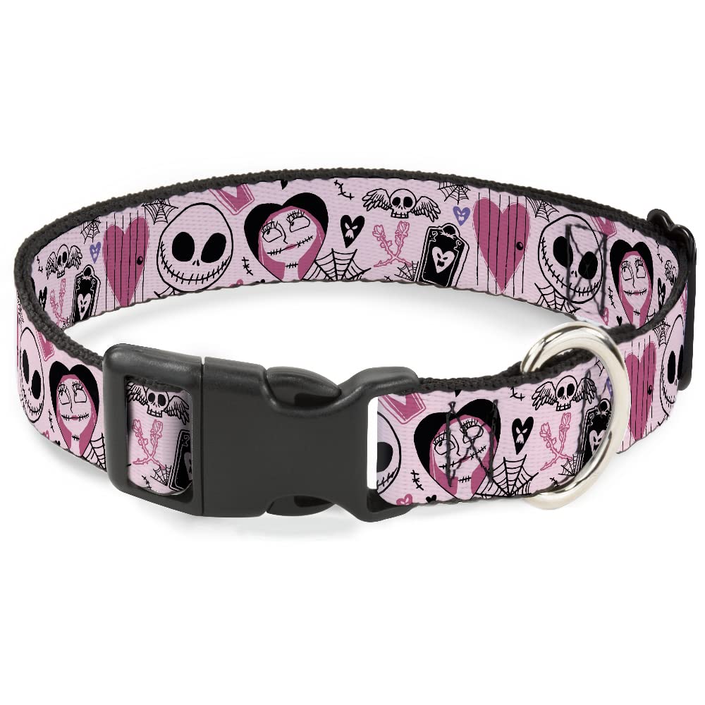 Disney Pet Collar, Dog Collar Plastic Buckle, The Nightmare Before Christmas Jack and Sally Doodles Pink, 11 to 16.5 Inches 1.0 Inch Wide