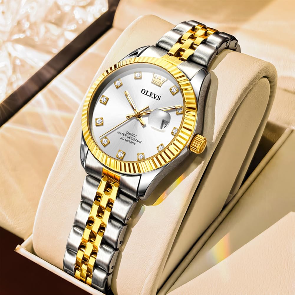OLEVS Armbanduhr für Damen, silberfarben, Diamant-Damenuhren für kleines Handgelenk, luxuriös, Edelstahl, wasserdicht, analog, Quarz, Datum, elegant, Reloj para Mujer
