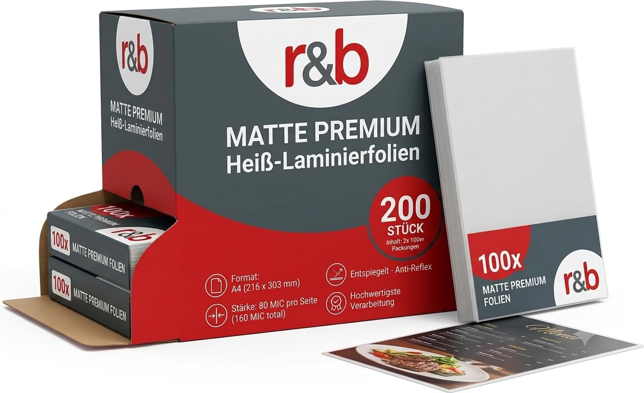 200 Stück MATTE PREMIUM Heiß-Laminierfolien - Entspiegelt - hochwertigste Verarbeitung A4 (216 x 303 mm) in 2x 75/80 MIC