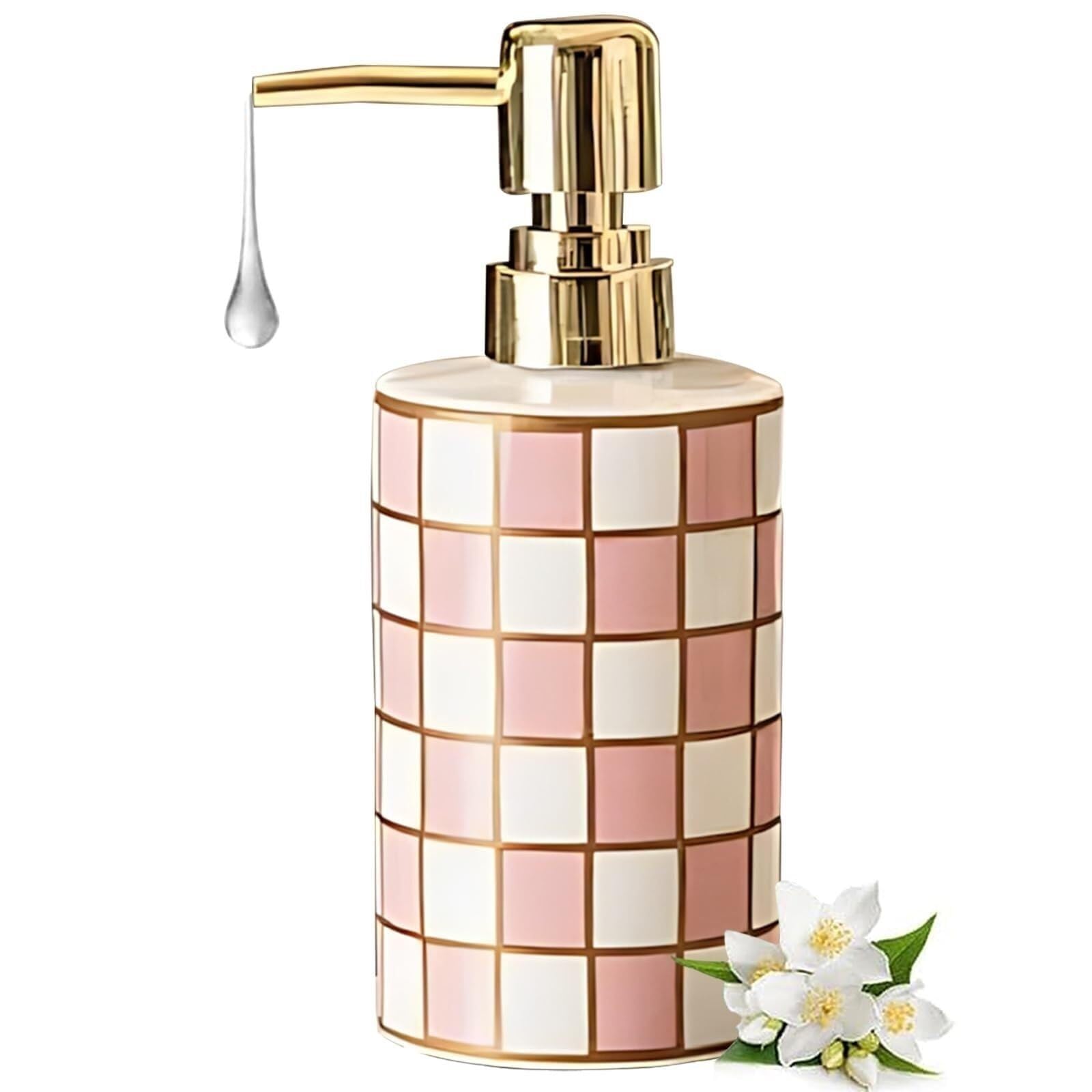 Yuue Pink Empty Barthroom And Dish Soap Dispensing Retro Checkerboard Dish For Kitchen 10.5Oz With Chrome Pump Decor For Counter(Pink)