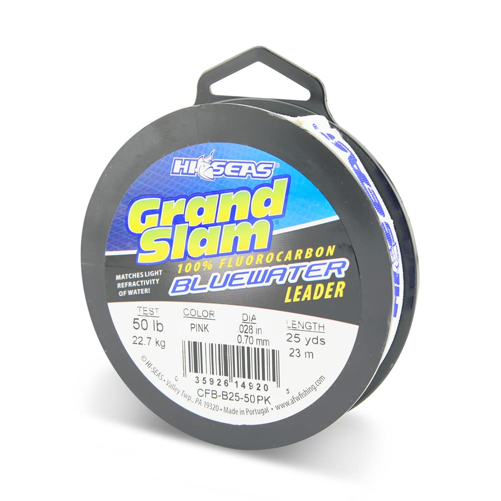 Grand Slam Bluewater 100% Líder de fluorocarbono, 50 lb (22,6 kg) Prueba.028 in (0,70 mm) de diámetro, rosa, carrete de 23 m