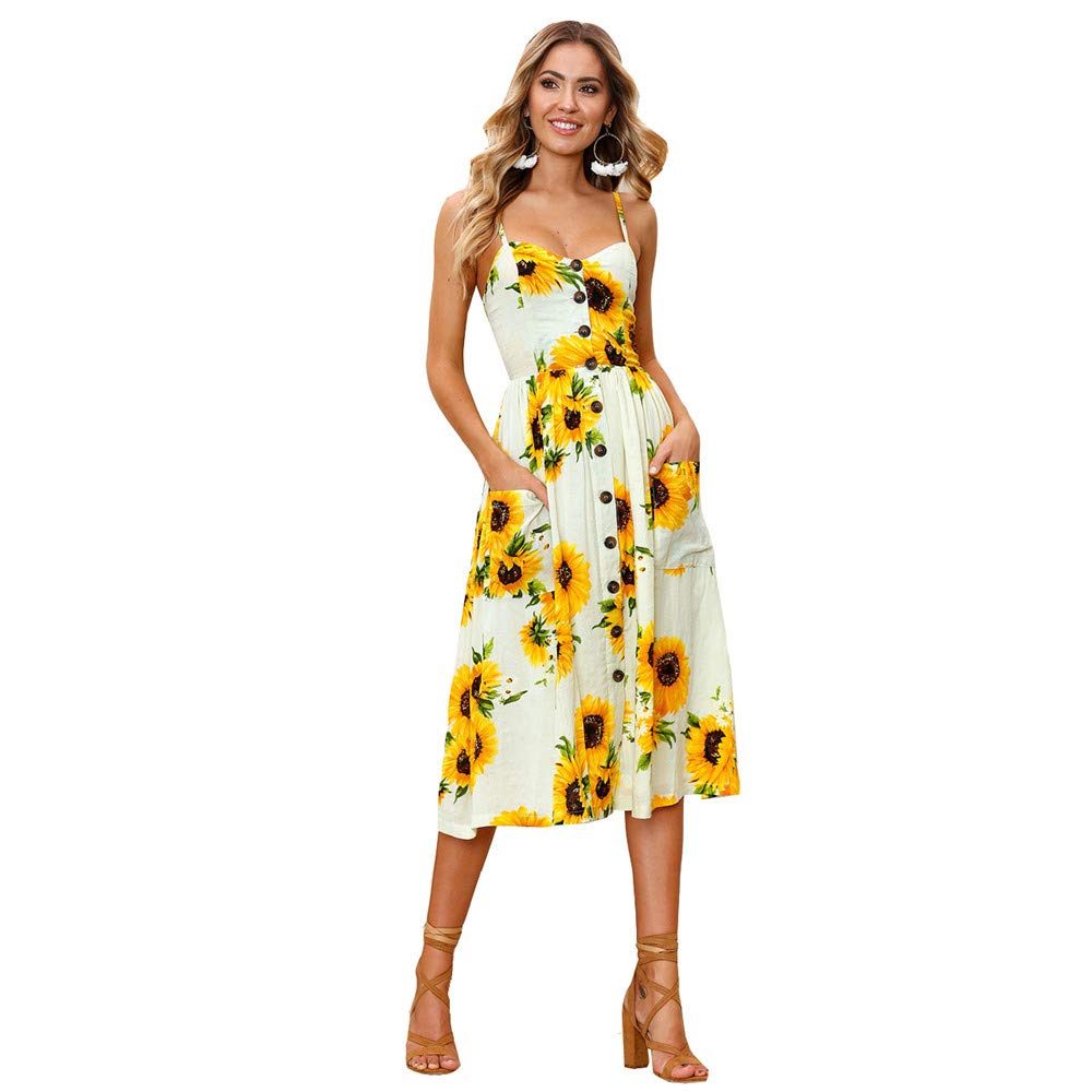 LitBudWomens Midi Dresses Summer Spaghetti Strap A-Line Floral Boho Casual Pockets Button Down Holiday Beach Dress