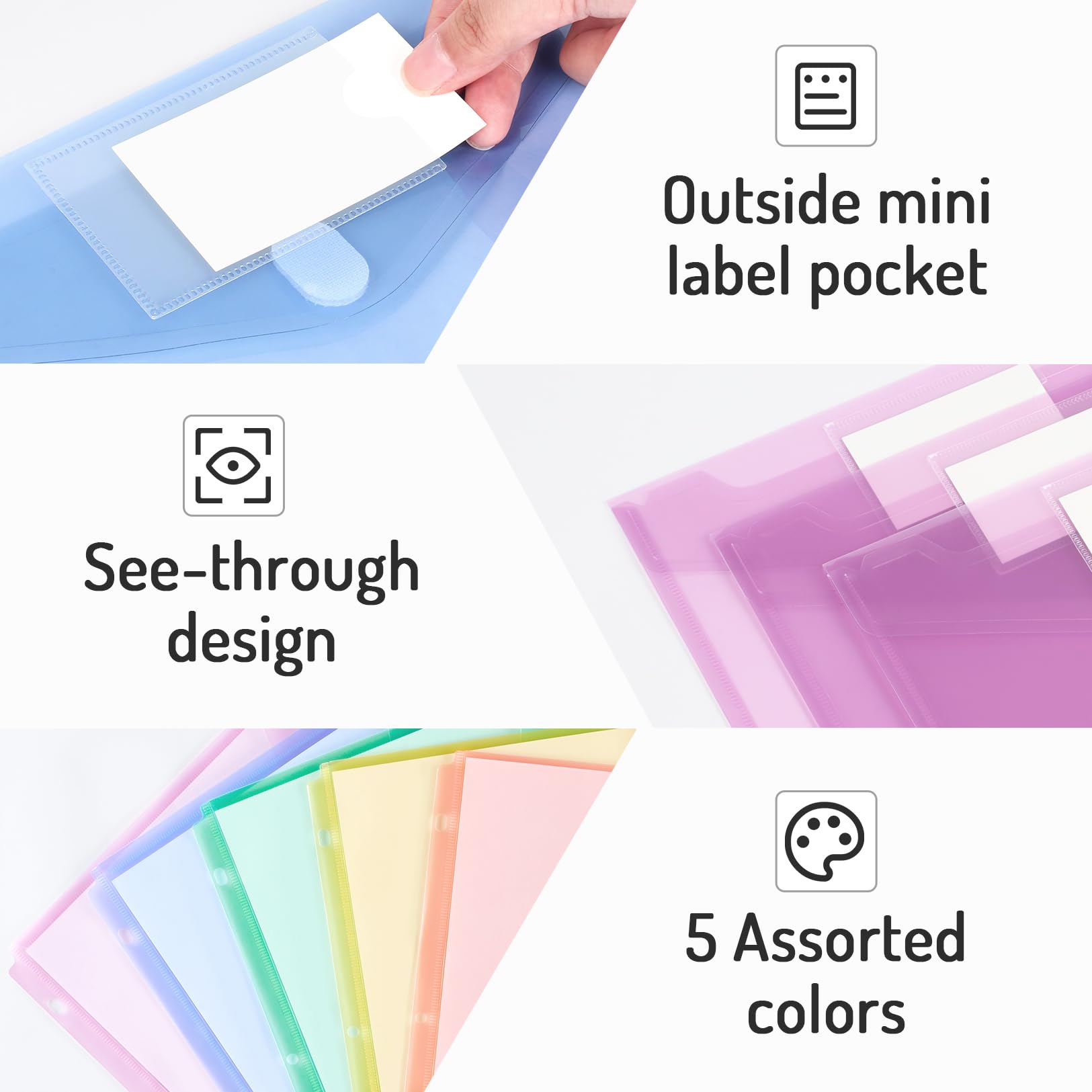 Forvencer Binder Pocket, 10 Pack Super Heavyweight Plastic Folders with Tight Closure, Binder Folders Side Loading, 3 Ring Binder Pocket, Binder Dividers with Pockets, Letter Size, Pastels Series: Fresh 10 Pack